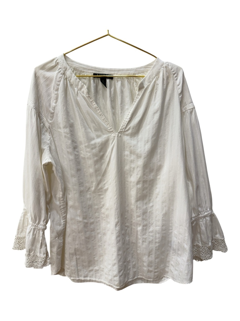 Lauren Ralph Lauren White Shadow Stripe Cotton Peasant Blouse 1X Boho Lace